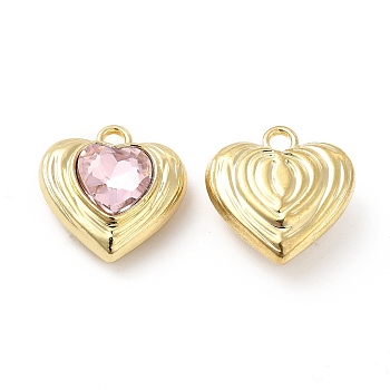 Rack Plating Alloy Glass Pendants, Cadmium Free & Lead Free, Heart Charms, Light Gold, Pink, 16.5x16x7mm, Hole: 2mm
