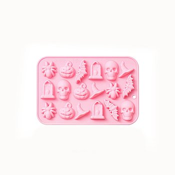 Halloween Theme DIY Skull & Witch Hat & Spider & Bat & Window Food Grade Silicone Molds, Fondant Molds, Resin Casting Molds, for Chocolate, Candy, Resin Craft Making, Pink, 183x125x15mm