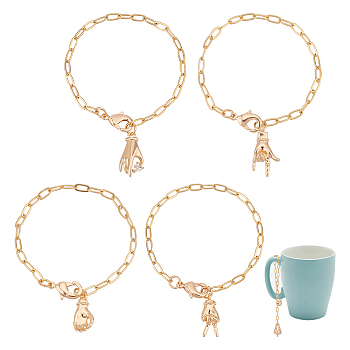 Brass & Cubic Zirconia Gesture Cup Handle Pendant Decorations, with Lobster Claw Clasp and Paperclip Chain, Golden, 152~158mm, 4 style, 1pc/style, 4pcs/set