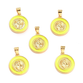 Brass Enamel Pendants, Cadmium Free & Lead Free, Long-Lasting Plated, Flat Round with Virgin Mary, Real 18K Gold Plated, Yellow, 18x16x2.5mm, Hole: 4.5x3.5mm