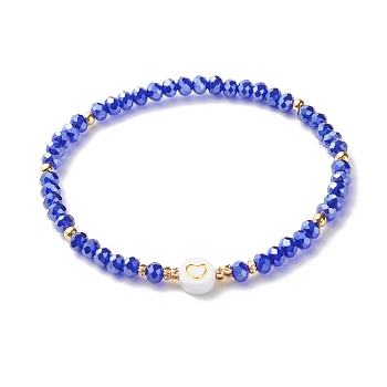 Glass Beads Stretch Bracelets, with Acrylic & Brass Beads, Flat Round with Heart Pattern, Medium Blue, Inner Diameter: 2-1/4 inch(5.7cm)