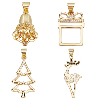 8Pcs 4 Style Christmas Theme Brass Micro Pave Clear Cubic Zirconia Pendants, Long-Lasting Plated, Bell & Gift Box & Sika Deer & Tree Charm, Real 18K Gold Plated, 19~31x12.5~15x1.7~13mm, Hole: 3.3x5mm, 2pcs/style