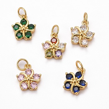 Brass Micro Pave Clear Cubic Zirconia Pendants, Long-Lasting Plated, Real 18K Gold Plated, Flower, Mixed Color, 12.5x10.5x4mm, Hole: 3.5mm, jump ring: 5x0.75mm