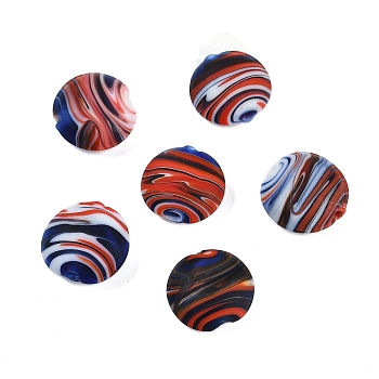 Opaque Handmade Lampwork Beads, Stripe, Flat Round, Royal Blue, 15x7.5mm, Hole: 1.6mm