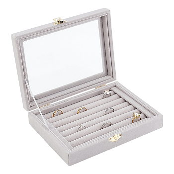 Velvet Jewelry Presentation Boxes, Ring Earring Display Organizer Case with Glass Window and Golden Tone Alloy Clasps, Rectangle, Light Grey, 20x15x4.6cm, Inner Diameter: 16x13cm