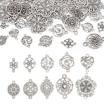 Pandahall 60Pcs 10 Styles Tibetan Style Alloy Connector Charms, Flower Mixed Shapes, Antique Silver, 15.5~37x9.5~31x1~4.5mm, Hole: 1.4~2.5mm, 6pcs/style