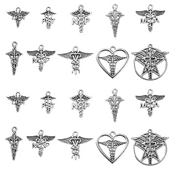 100Pcs 10 Styles Tibetan Style Alloy LPN Caduceus Medical Symbol Charms, Cadmium Free & Lead Free, Wing with Snake, Antique Silver, 14~26x12~26x1~2.5mm, Hole: 1.4mm, 10pcs/style