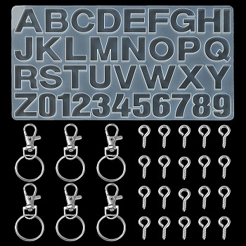 DIY Keychain Making Kits, Inclduing Number and Letter Design DIY Silicone Molds, Alloy Swivel Clasps, Iron Key Rings & Screw Eye Pin Peg Bails, White