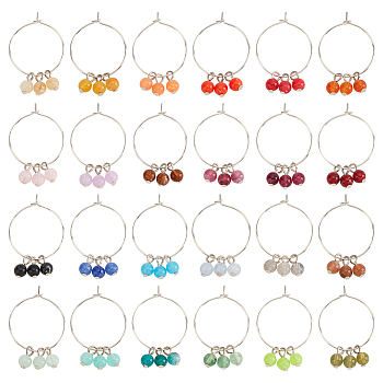 24Pcs 24 Colors Acrylic Imitation Gemstone Beaded Tassel Wine Glass Charms, Goblet Marker, with Brass Wine Glass Charm Rings, Mixed Color, 39mm, 1pc/color