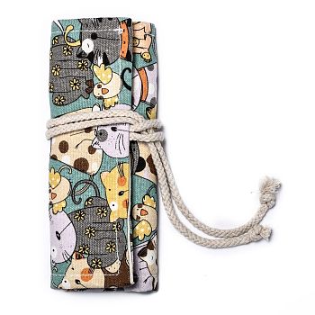 Handmade Canvas Pencil Roll Wrap 12 Holes, Multiuse Roll Up Pencil Case, Pen Curtain, for Coloring Pencil Holder Organizer, Cat Pattern, 20.2x22.2x0.4cm