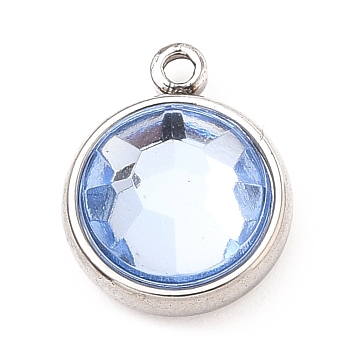 304 Stainless Steel Charms, with Acrylic Rhinestone, Birthstone Charms, Faceted, Flat Round, Stainless Steel Color, Light Sapphire, 12x10x4.4mm, Hole: 1.3mm