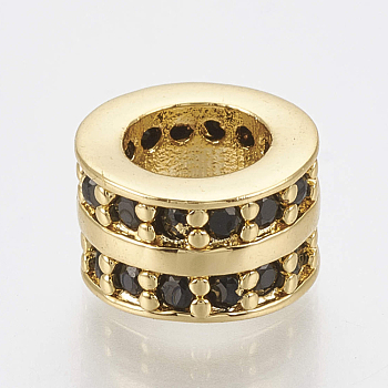 Brass Micro Pave Cubic Zirconia Beads, Large Hole Beads, Column, Black, Golden, 8.5x5.5mm, Hole: 5mm