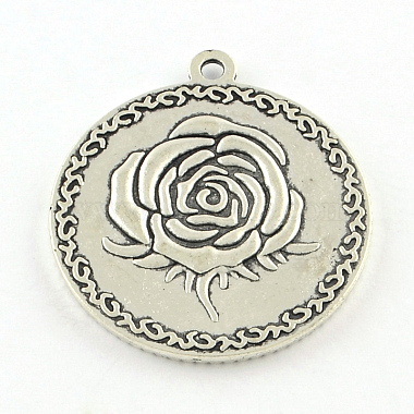 Tibetan Style Carved Rose Alloy Flat Round with Rose Pendant Cabochon Settings(TIBEP-Q045-024AS-RS)-2