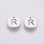 304 Stainless Steel Charms,  Flat Round with Letter, Stainless Steel Color, Letter.R, 10x1mm, Hole: 1mm(STAS-P212-15P-14)