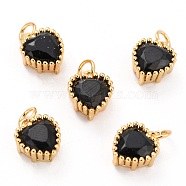 Real 18K Gold Plated Brass Inlaid Cubic Zirconia Charms, with Jump Ring, Long-Lasting Plated, Heart, Black, 8.5x7x4mm, Jump Ring: 4x0.5mm, 2.5mm Inner Diameter(ZIRC-L100-074G-05)