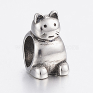 304 Stainless Steel Kitten European Beads, Large Hole Beads, Cat, Antique Silver, 12x7.5x8mm, Hole: 5mm(STAS-H440-108AS)