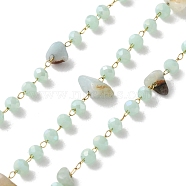 304 Stainless Steel Link Chains, Soldered, with Crystal and Natural Amazonite, with Spool, Ion Plating(IP), Real 18K Gold Plated, 4x7.5x3.5mm, about 32.81 Feet(10m)/Roll(CHS-R020-03G-05)