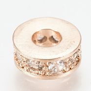 Brass Micro Pave Cubic Zirconia Beads, Flat Round, Clear, Rose Gold, 7x3mm, Hole: 3mm(ZIRC-Q013-137RG)