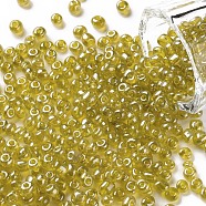 Glass Seed Beads, Trans. Colours Lustered, Round, Yellow, 4mm, Hole: 1.5mm, about 4500pcs/pound(SEED-A006-4mm-110)