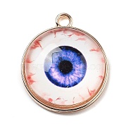 Halloween Theme Glass Pendants, with Golden Alloy Fingdings, Flat Round with Evil Eye, Mauve, 23x20x6.5mm, Hole: 2.5mm(GLAA-P067-01G-01)