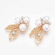 Alloy Rhinestone Cabochons, with ABS Plastic Imitation Pearl, Leaf, Crystal, Light Gold, 31x17x9.5mm(PALLOY-T066-18KC)