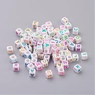 Opaque Horizontal Hole Acrylic Beads, Mixed Letters, Cube, Mixed Color, about 6mm in diameter, about 2600pcs/500g, hole: about 3.2mm(PL38C9308)