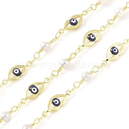 Enamel Lip Link Chains, with Glass Seed Beaded and Rack Plating Real 18K Gold Plated Brass Chain, Soldered, with Spools, Long-Lasting Plated, Cadmium Free & Lead Free, Marine Blue, 16x5.6x3mm(CHC-C006-02G-02)