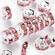 Brass Grade A Rhinestone Spacer Beads, Silver Color Plated, Nickel Free, Rose, 6x3mm, Hole: 1mm(RSB036NF-07)