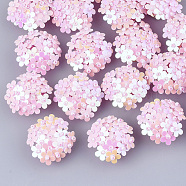 PVC Paillette Cabochons, Cluster Beads, with Glass Seed Beads and Golden Plated Brass Perforated Disc Settings, Flower, Pink, 20~23x10~11mm(FIND-S321-01L)