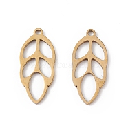304 Stainless Steel Pendants, Leaf Charm, Real 18K Gold Plated, 20x9x1mm, Hole: 1.4mm(STAS-E186-07G)
