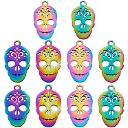201 Stainless Steel Pendants, Sugar Skull, For Mexico Holiday Day of the Dead, Rainbow Color, 18x10.5x1mm, Hole: 1.6mm, 10pcs/box(STAS-SZ0001-81)