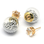 Women's Double Sided Glass Ball Stud Earrings, with Imitation Pearl Acrylic Beads inside, Rhinestones and Golden Iron Pins, Light Grey, 16mm, 8mm, Pin: 0.7mm(X-EJEW-R104-07K)