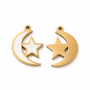 Ion Plating(IP) 304 Stainless Steel Pendants, With Enamel, Moon With Star, White, 15.5x11.5x1mm, Hole: 1.2mm(STAS-F291-05G-03)