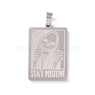 Non-Tarnish 201 Stainless Steel Pendants, Rectangle with Skull & Word Stay Positive, Stainless Steel Color, 35x23x2mm, Hole: 4x6mm(STAS-G273-10P)