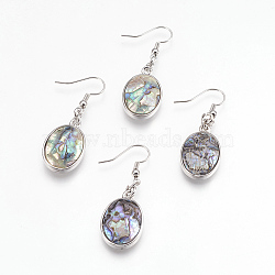 Natural Paua Shell  Dangle Earrings, with Platinum Tone Brass Findings, Oval, Colorful, 45mm, Pin: 0.7mm(EJEW-F162-B02)