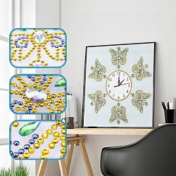 DIY Diamond Painting Clock Kits, Including Acrylic Rhinestones Bag, Diamond Sticky Pen, Tray Plate and Glue Clay, Butterfly, Light Khaki, 350x350mm(PW-WG68D58-01)