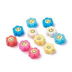 Handmade Polymer Clay Beads, Flower with Smile Face, Mixed Color, 9.5~10x4.5mm, Hole: 1.2mm(X-CLAY-I010-13)