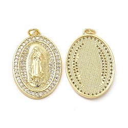 Brass Micro Pave Cubic Zirconia Pendants, with Jump Ring, Oval with Religion Virgin Mary Charm, Golden, 31.5x21x3mm, Hole: 3.3mm(KK-E068-VB272-1)