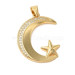 Rack Plating Brass Micro Pave Cubic Zirconia Pendants, Cadmium Free & Lead Free, Long-Lasting Plated, Moon & Star, Real 18K Gold Plated, 25x19.5x3mm, Hole: 4.5x3.5mm(KK-P279-21G)