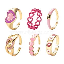 6Pcs 6 Style Brass Cuff Rings, Open Rings, Heart & Curb Chain Shape & Flower, Pink, 1pcs/style(RJEW-LS0001-02A)