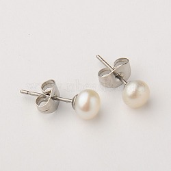 Grade AA Pearl Ball Stud Earrings, with 304 Stainless Steel Earrings Components, Seashell Color, 5~5.5mm, Pin: 0.5mm(X-EJEW-JE0143)