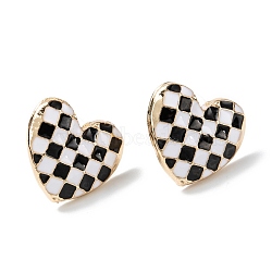 Black and White Checkerboard Heart Stud Earrings, Alloy Enamel with 925 Sterling Silver Pin, for Girl Women, Light Gold, 14.7x16x3.5mm, Pin: 0.8mm(EJEW-Z013-01LG)