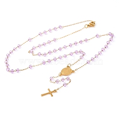 Ion Plating(IP) Crucifix Cross 304 Stainless Steel Rosary Bead Necklaces, with Acrylic Beads, Plum, 19.09 inch(48.5cm)(NJEW-M075-04G-03)