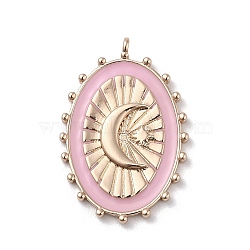 304 Stainless Steel Pendants, with Enamel, Oval with Moon & Star Charm, Golden, Pink, 28.5x19x3mm, Hole: 1.4mm(STAS-F306-12G-03)