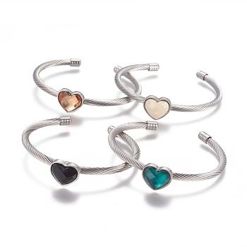 304 Stainless Steel Cuff Bangles, with Acrylic Rhinestone, Heart, Faceted, Stainless Steel Color, Mixed Color, 2-1/4 inch(5.85cm), 4mm
