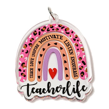 Teachers' Day Double-Sided Printed Acrylic Pendants, with Iron Jump Ring, Rainbow, 40.5x34x3mm, Hole: 5.5mm