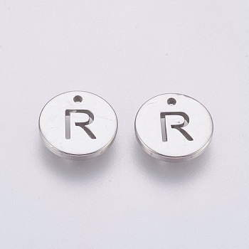 304 Stainless Steel Charms,  Flat Round with Letter, Stainless Steel Color, Letter.R, 10x1mm, Hole: 1mm