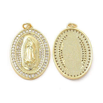 Brass Micro Pave Cubic Zirconia Pendants, with Jump Ring, Oval with Religion Virgin Mary Charm, Golden, 31.5x21x3mm, Hole: 3.3mm