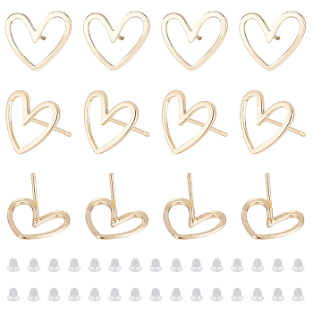 16Pcs Brass Stud Earrings Findings, Heart, with 40Pcs Plastic Ear Nuts, Real 18K Gold Plated, 13x11mm, Pin: 0.7mm