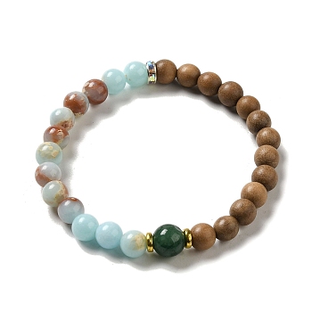 6mm Round Sandalwood and Synthetic Shoushan Stone Beaded Stretch Bracelets, with Alloy and Glass Rhinestone Beads, Inner Diameter: 1-7/8 inch(4.9cm)